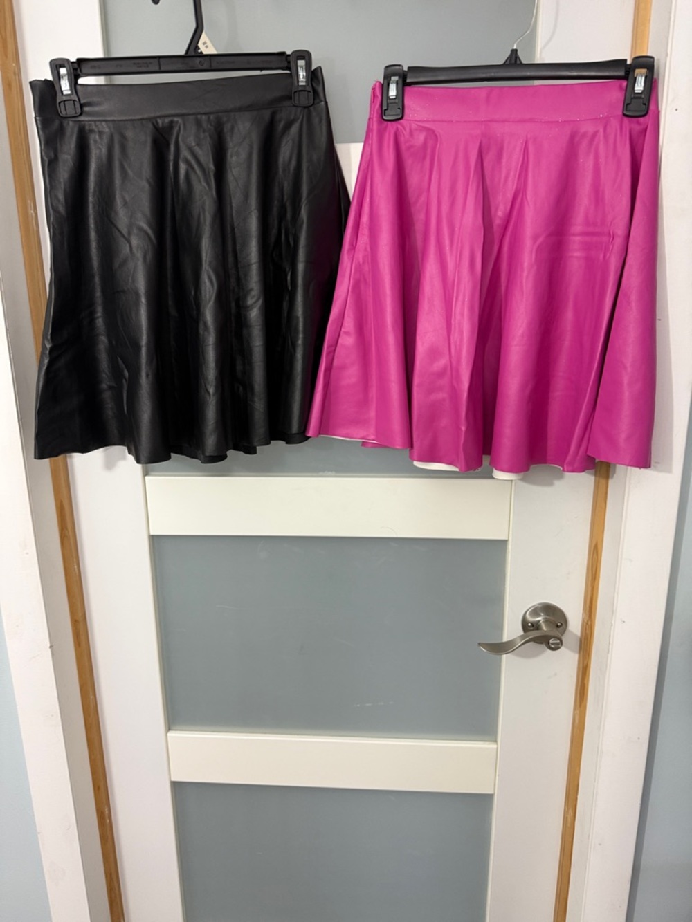 EARO Faux-Leather Circle Skater Skirts in Black and Fuchsia